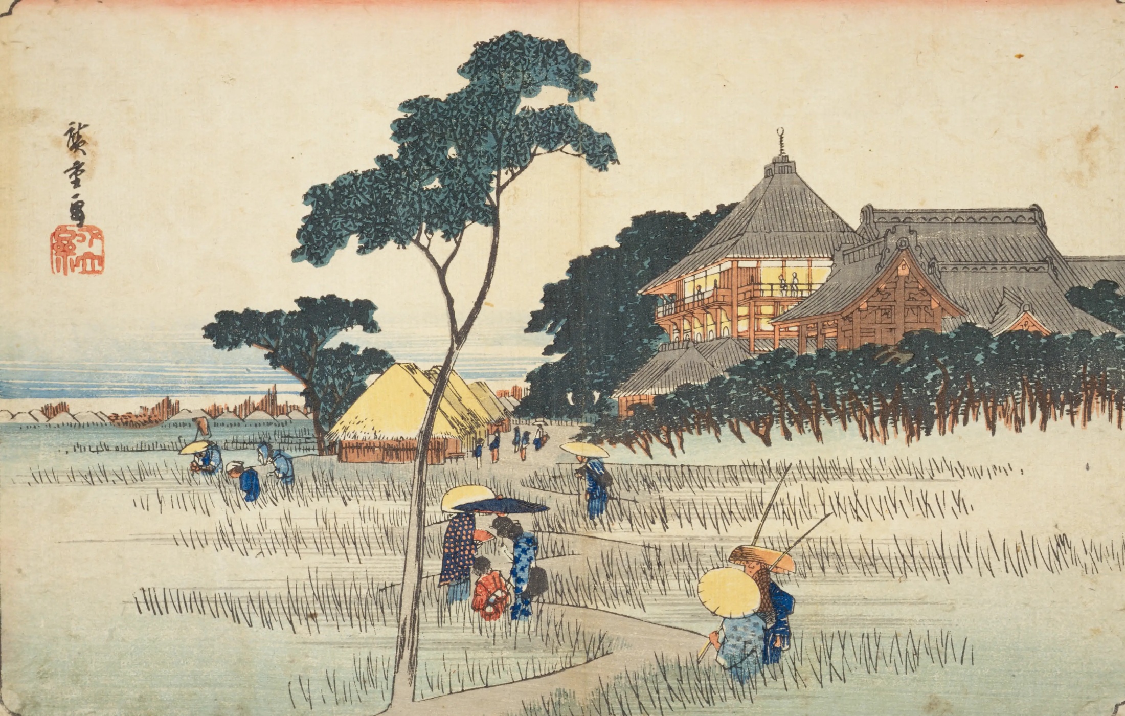 田園の向こうに旧五百羅漢寺のさざえ堂を描いた浮世絵